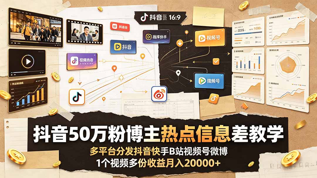 抖音50万粉博主热点信息差教学：多平台分发抖音快手B站视频号微博，1个视频多份收益月入20000+-爱搭资源网
