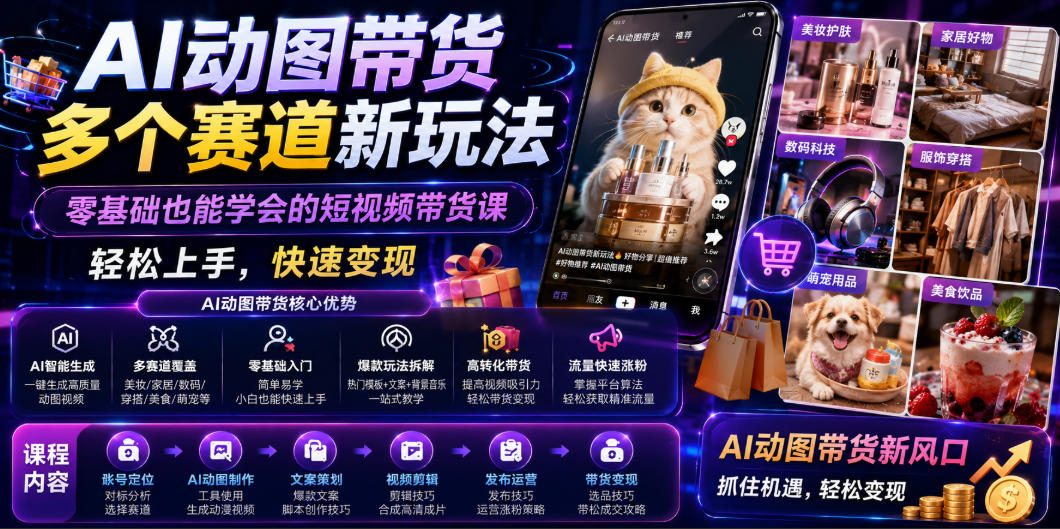 AI动图带货多个赛道新玩法，零基础也能学会的短视频带货课，轻松上手，快速变现-爱搭资源网