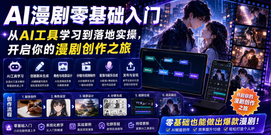 AI漫剧零基础入门，从AI工具学习到落地实操，开启你的漫剧创作之旅-爱搭资源网