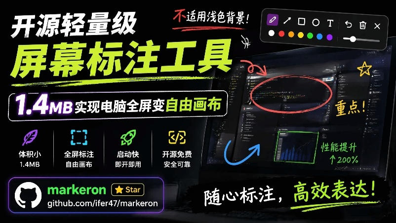 开源轻量级屏幕标注工具，1.4MB实现电脑全屏变自由画布！支持8种标注工具和全键盘操控MarkerOn-爱搭资源网