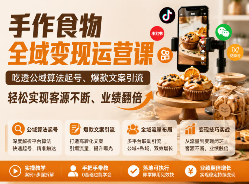 手作食物全域变现运营课，吃透公域算法起号、爆款文案引流，轻松实现客源不断、业绩翻倍-爱搭资源网