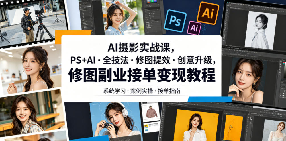 AI摄影实战课，PS+AI・全技法・修图提效・创意升级，修图副业接单变现教程-爱搭资源网