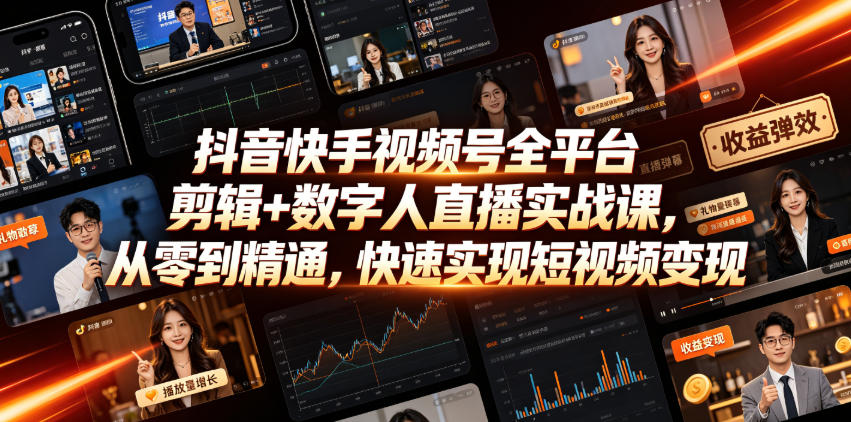 抖音快手视频号全平台剪辑+数字人直播实战课，从零到精通，快速实现短视频变现(更新2026年6月)​-爱搭资源网