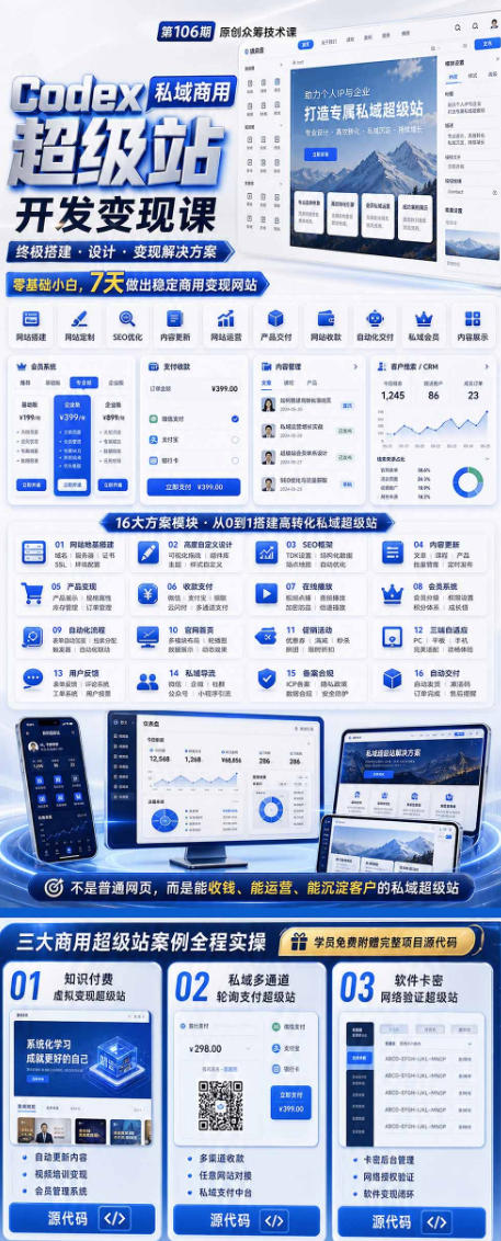 Codex私域商用超级站Ai开发变现课，7天带你从零基础到能自己动手做出能收钱、能运营、能沉淀客户的私域超级站