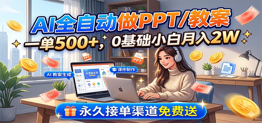 AI全自动做PPT/教案，一单500+，0基础小白月入2W，永久接单渠道免费送-爱搭资源网