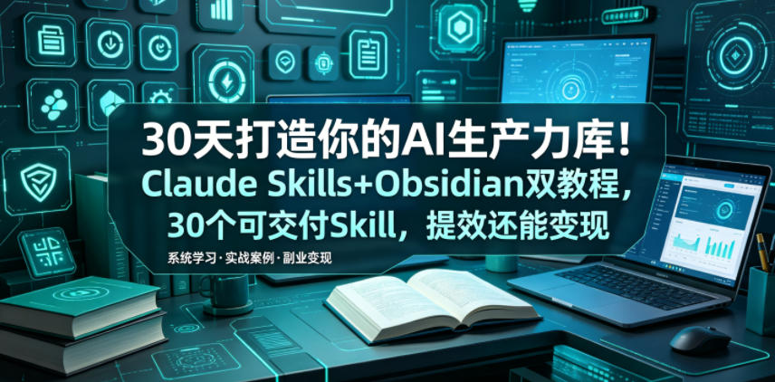 30天打造你的AI生产力库！Claude Skills+Obsidian 双教程，30 个可交付 Skill，提效还能变现-爱搭资源网