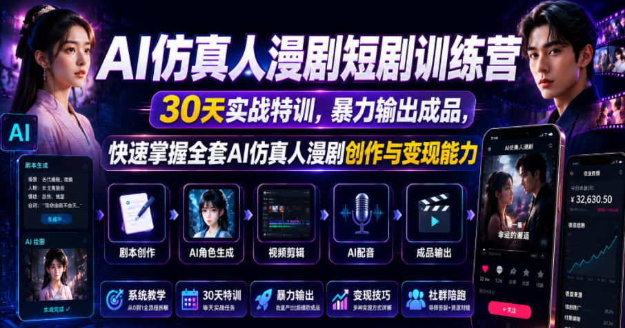 AI仿真人漫剧短剧训练营，30天实战特训，暴力输出成品，快速掌握全套AI仿真人漫剧创作与变现能力-爱搭资源网