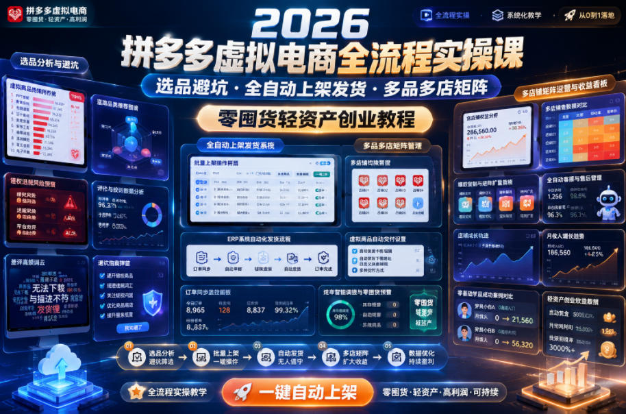 2026拼多多虚拟电商全流程实操课，选品避坑・全自动上架发货・多品多店矩阵，零囤货轻资产创业教程-爱搭资源网