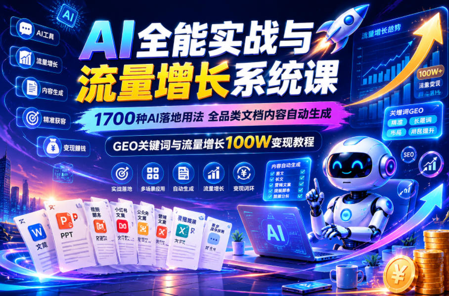 AI全能实战与流量增长系统课，1700种AI落地用法，全品类文档内容自动生成，GEO关键词与流量增长100W变现教程-爱搭资源网