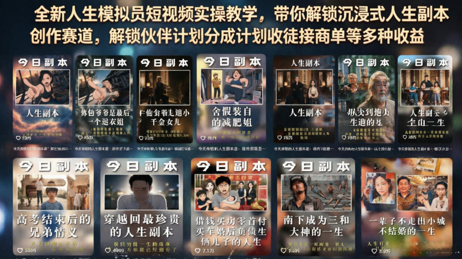 全新人生模拟员短视频实操教学，带你解锁沉浸式人生副本创作赛道，解锁伙伴计划分成计划收徒接商单等多种收益-爱搭资源网