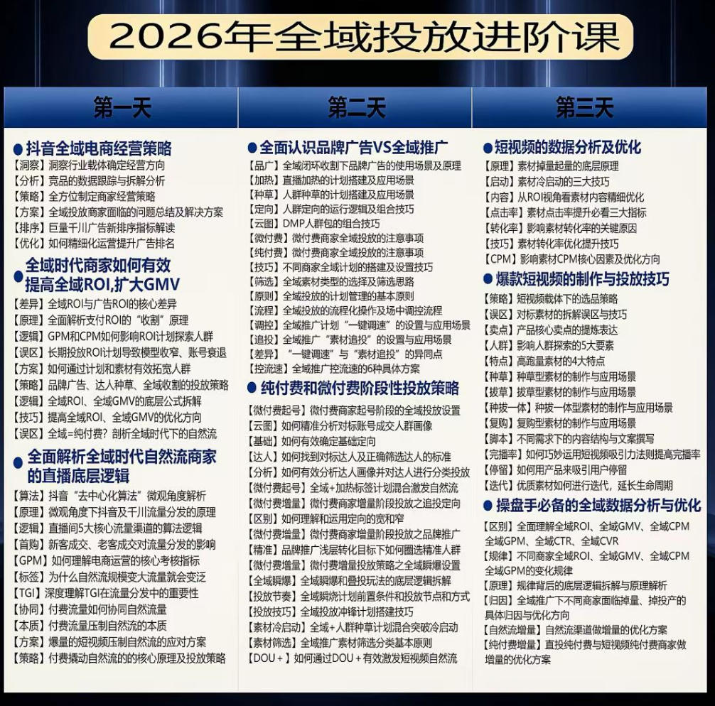 千川扫地僧2026抖音全域投放进阶课，少走弯路·快速起量·掌控增长，6月12-14号杭州线下课