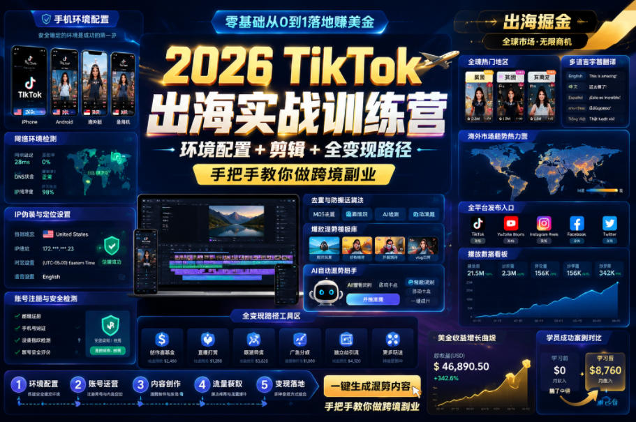 2026 TikTok出海实战训练营，环境配置 + 剪辑 + 全变现路径，手把手教你做跨境副业-爱搭资源网