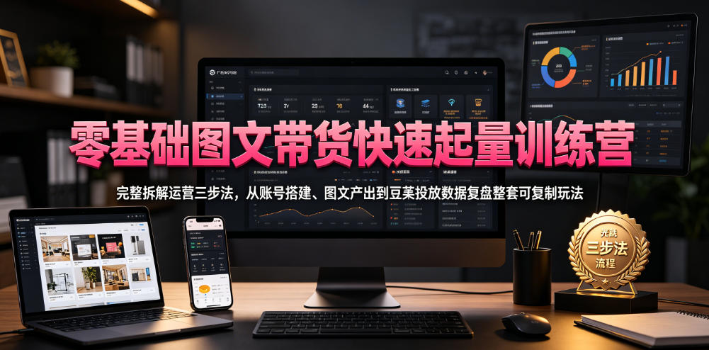 零基础图文带货快速起量训练营，完整拆解运营三步法，从账号搭建、图文产出到豆荚投放数据复盘整套可复制玩法-爱搭资源网