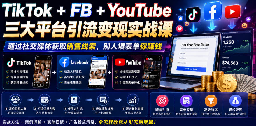 TikTok+FB+YouTube三大平台引流变现实战课，通过社交媒体获取销售线索，别人填表单你賺钱【原创双语字幕】-爱搭资源网