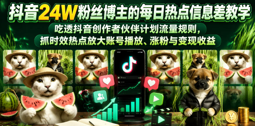 抖音24W粉丝博主的每日热点信息差教学，吃透创作者伙伴计划流量规则，抓时效热点放大账号播放、涨粉与变现收益(更新)-爱搭资源网