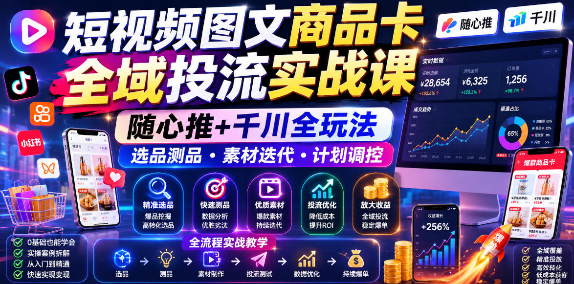 短视频图文商品卡全域投流实战课，随心推+千川全玩法，选品测品・素材迭代・计划调控，提升ROI爆单增收教程-爱搭资源网