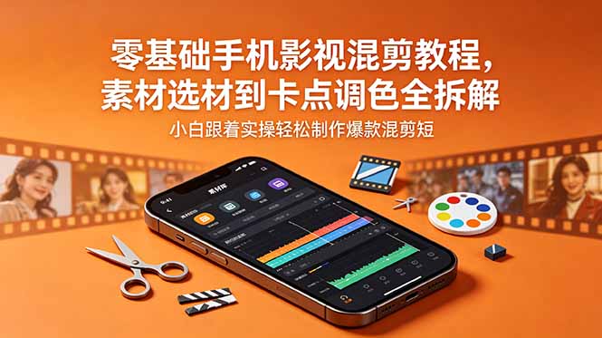 零基础手机影视混剪教程，素材选材到卡点调色全拆解，小白跟着实操轻松制作爆款混剪短片-爱搭资源网