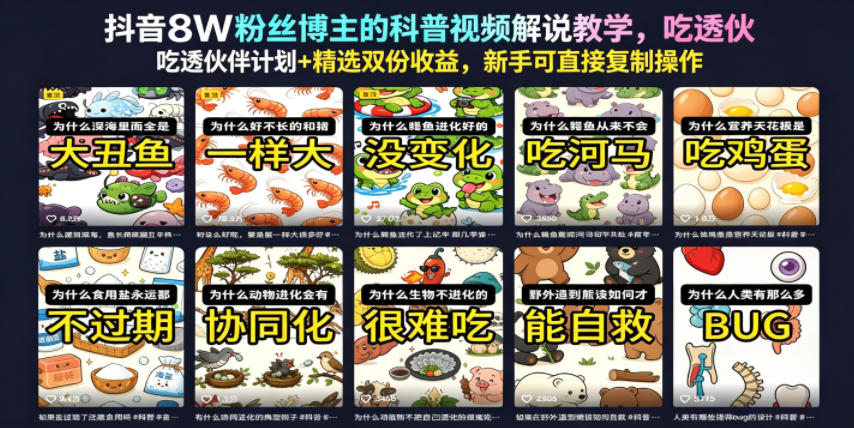 抖音8W粉丝博主的科普视频解说教学，吃透伙伴计划+精选双份收益，新手可直接复制操作-爱搭资源网