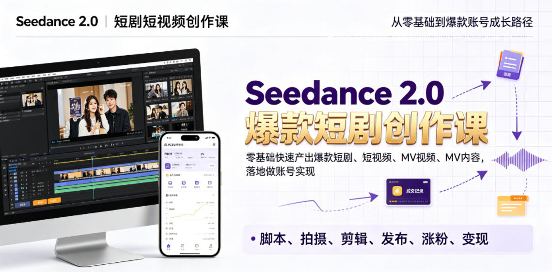 Seedance 2.0短剧短视频创作课，零基础快速产出爆款短剧、短视频、MV内容，落地做账号实现变现-爱搭资源网