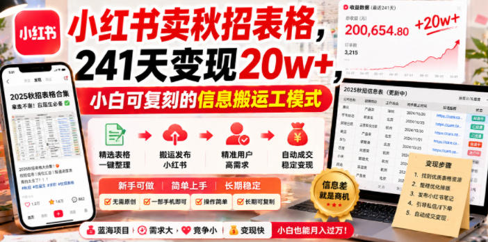 小红书卖秋招表格，241天变现20w+，小白可复刻的信息搬运工模式-爱搭资源网