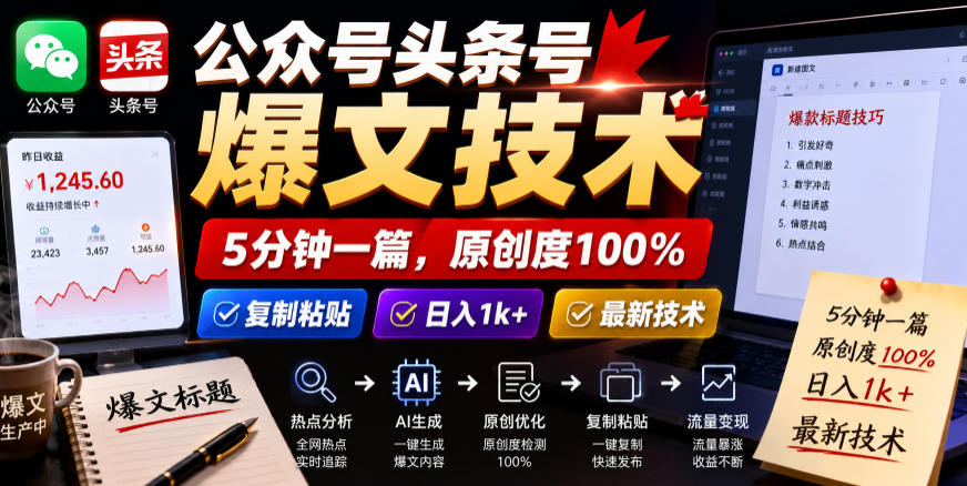 公众号头条号爆文技术，5分钟一篇，原创度100%，复制粘贴，日入1k+，最新技术【揭秘】-爱搭资源网