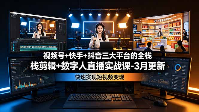 视频号+快手+抖音三大平台的全栈剪辑+数字人直播实战课-3月更新：快速实现短视频变现-爱搭资源网