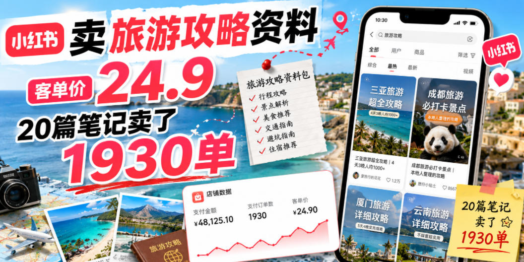 小红书卖旅游攻略资料，客单价24.9，20篇笔记卖了1930单！-爱搭资源网