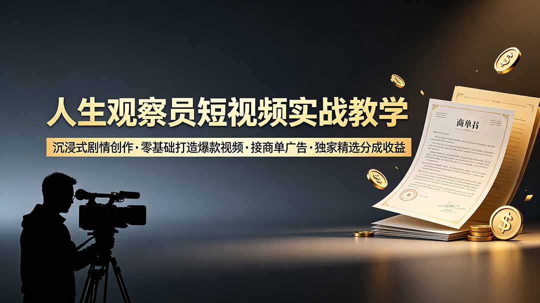 人生观察员短视频实战教学，沉浸式剧情创作，零基础打造爆款视频，接商单广告，独家精选分成收益-爱搭资源网