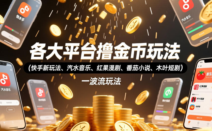 各大平台撸金币玩法(快手新玩法、汽水音乐、红果漫剧、番茄小说、木叶短剧)，一波流玩法(收费398元的教程)-爱搭资源网