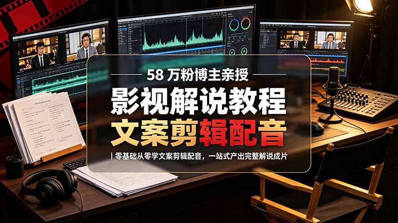 58 万粉博主荧幕春秋亲授影视解说教程|零基础从零学文案剪辑配音,一站式产出完整解说成片-爱搭资源网