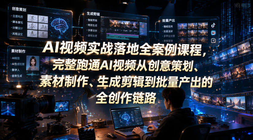AI视频实战落地全案例课程，完整跑通AI视频从创意策划、素材制作、生成剪辑到批量产出的全创作链路-爱搭资源网