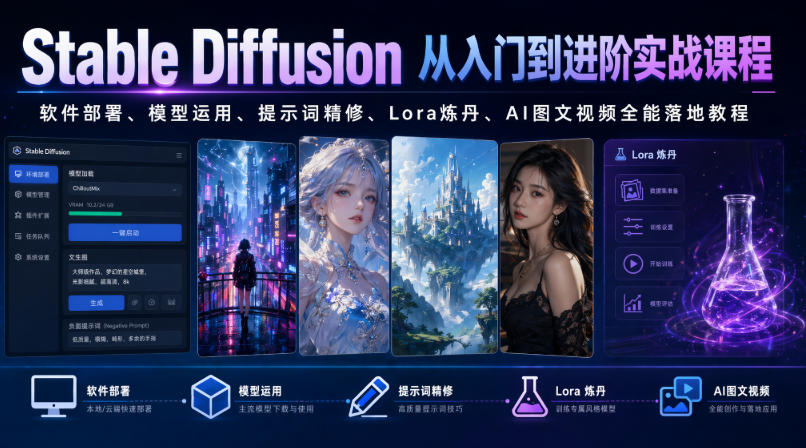 Stable Diffusion从入门到进阶实战课程｜软件部署、模型运用、提示词精修、Lora炼丹、AI图文视频全能落地教程-爱搭资源网