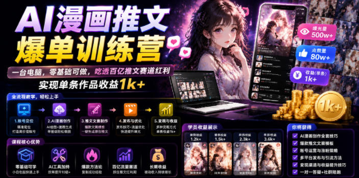AI漫画推文爆单训练营，一台电脑，零基础可做，吃透百亿推文赛道红利，实现单条作品收益1k+-爱搭资源网