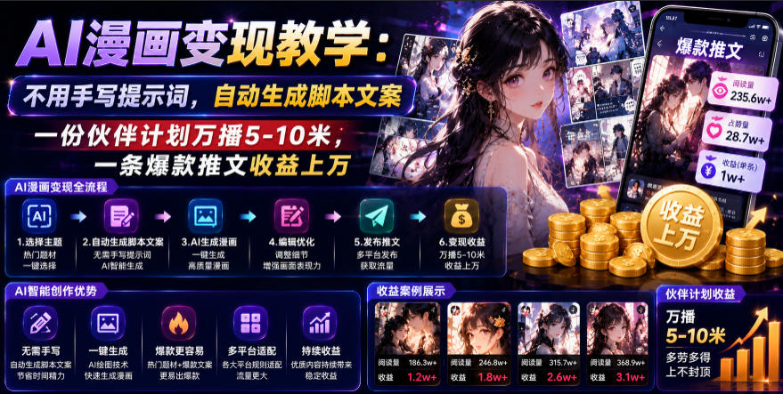 AI漫画变现教学：不用手写提示词，自动生成脚本文案，一份伙伴计划万播5-10米，一条爆款推文收益上W-爱搭资源网