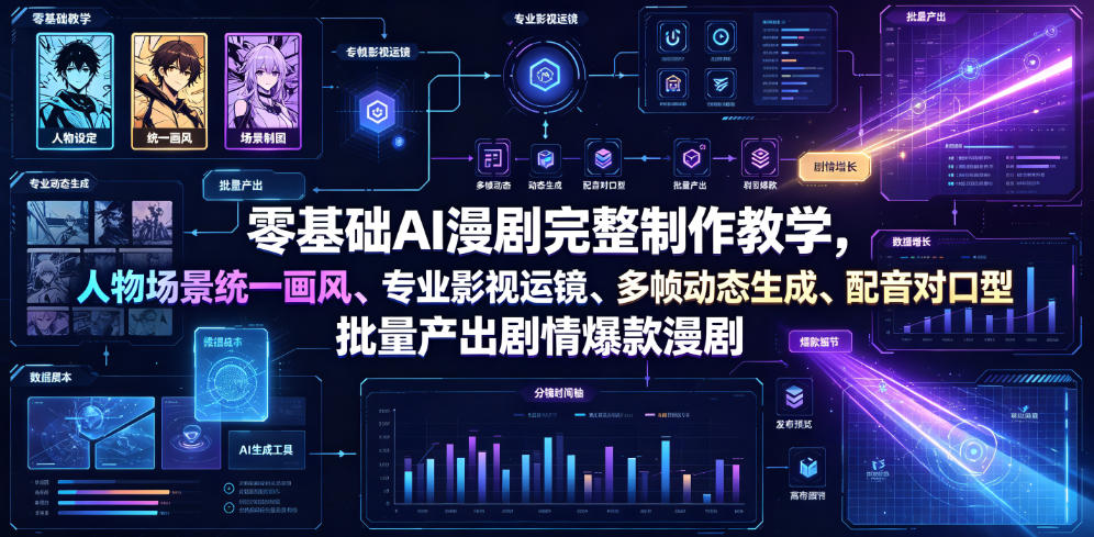 零基础AI漫剧完整制作教学，人物场景统一画风、专业影视运镜、多帧动态生成、配音对口型，批量产出剧情爆款漫剧-爱搭资源网