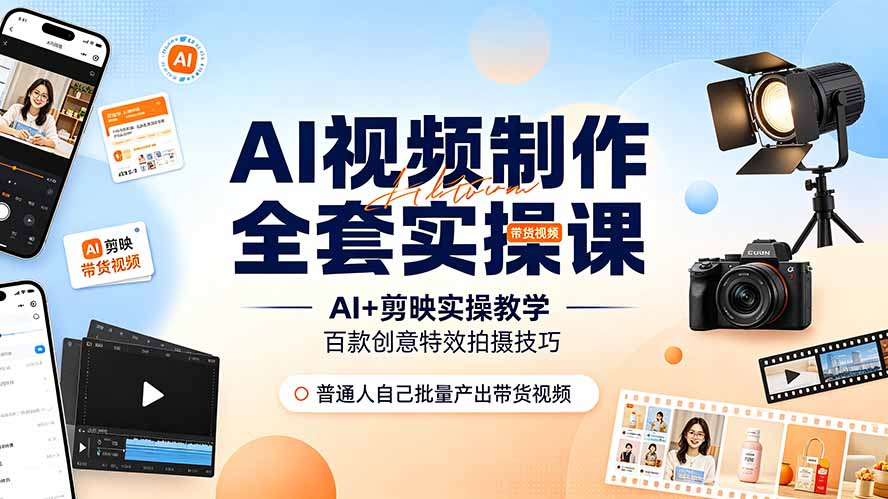 AI视频制作全套实操课，多款AI工具搭配剪映教学，百种特效运镜拍摄实操，抖音账号带货运营全覆盖-爱搭资源网