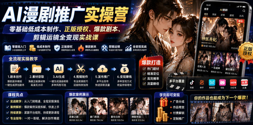 AI漫剧推广实操营｜零基础低成本制作、正版授权、爆款剧本、剪辑运镜全变现实战课-爱搭资源网