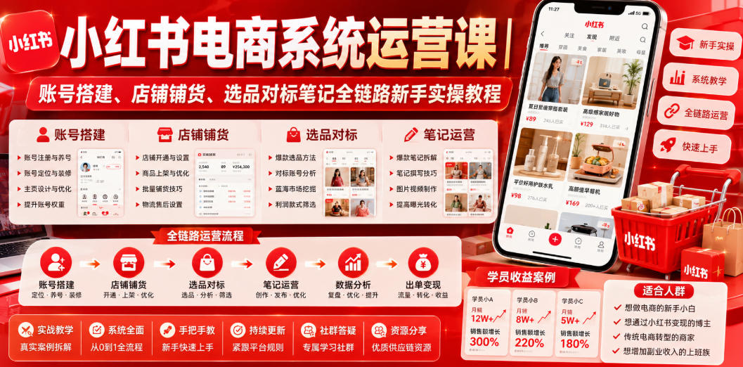 小红书电商系统运营课｜账号搭建、店铺铺货、选品对标笔记全链路新手实操教程-爱搭资源网