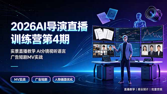 2026AI导演直播训练营第4期,实景直播教学AI分镜视听语言,广告短剧MV实战,解决人物画面崩坏痛点-爱搭资源网