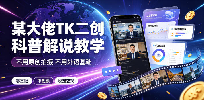 某大佬TK二创科普解说教学，不用原创拍摄不用外语基础，零基础做TikTok中视频稳定变现-爱搭资源网