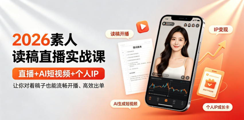 2026素人读稿直播实战课｜直播+AI短视频+个人IP，让你对着稿子也能流畅开播、高效出单-爱搭资源网