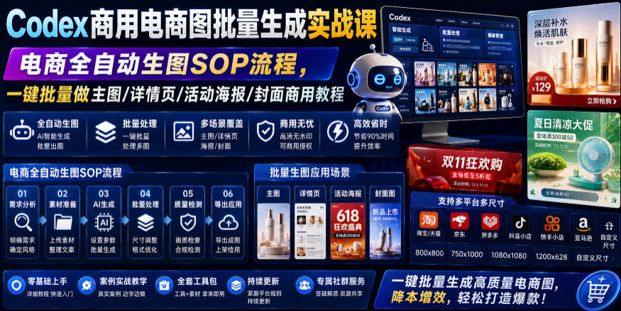 Codex商用电商图批量生成实战课｜电商全自动生图SOP流程，一键批量做主图/详情页/活动海报/封面商用教程-爱搭资源网