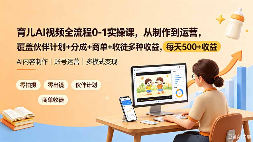 育儿AI视频全流程0-1实操课，从制作到运营，覆盖伙伴计划+分成+商单+收徒多种收益，每天500+收益-爱搭资源网