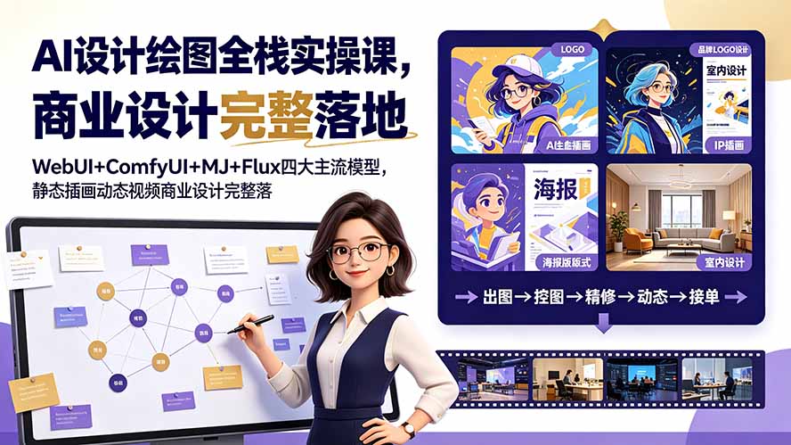 AI设计绘图全栈实操课，WebUI+ComfyUI+MJ+Flux四大主流模型，静态插画动态视频商业设计完整落地教程-爱搭资源网