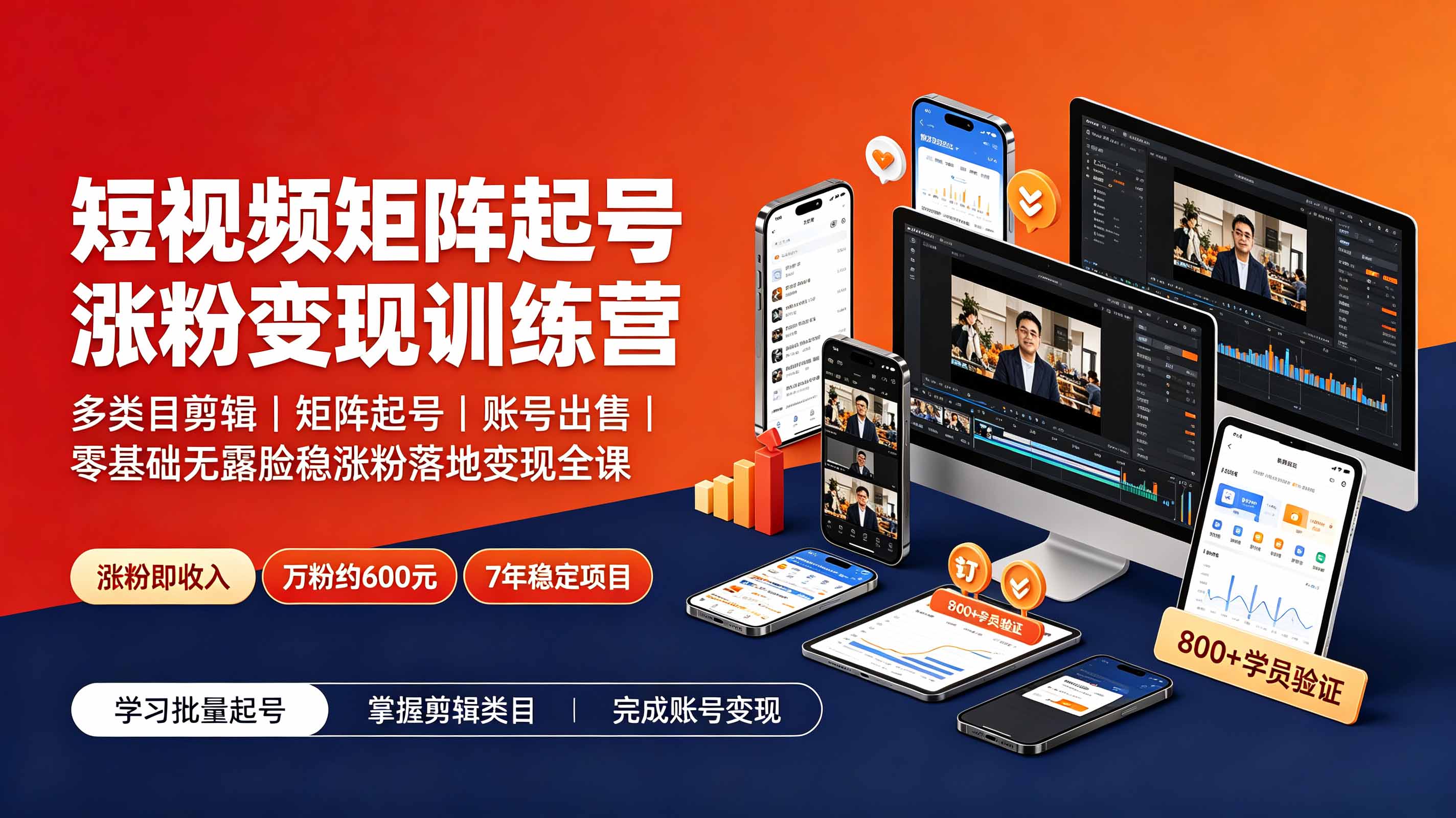 短视频矩阵起号涨粉变现训练营｜多类目剪辑·矩阵起号·账号出售，零基础无露脸稳涨粉落地变现全课-爱搭资源网