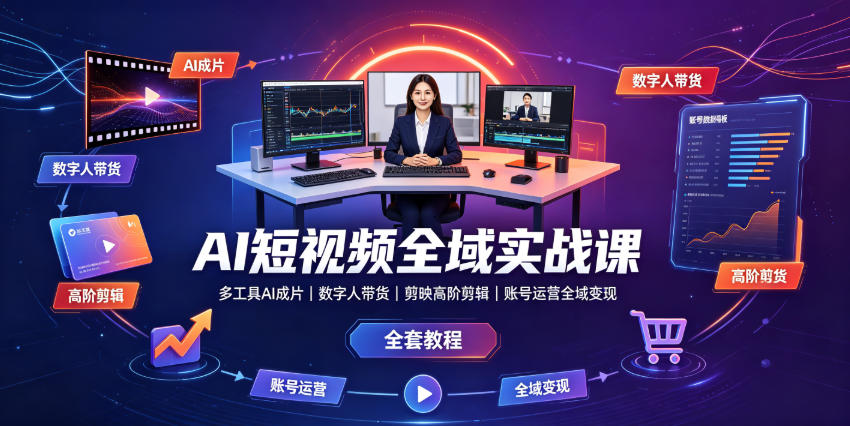 AI短视频全域实战课|多工具AI成片、数字人带货、剪映高阶剪辑、账号运营全域变现全套教程