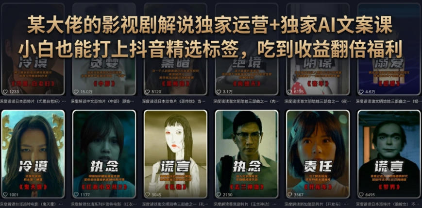 某大佬的影视剧解说独家运营+独家AI文案课，小白0粉丝也能快速打上抖音精选标签、吃到收益翻倍福利-爱搭资源网