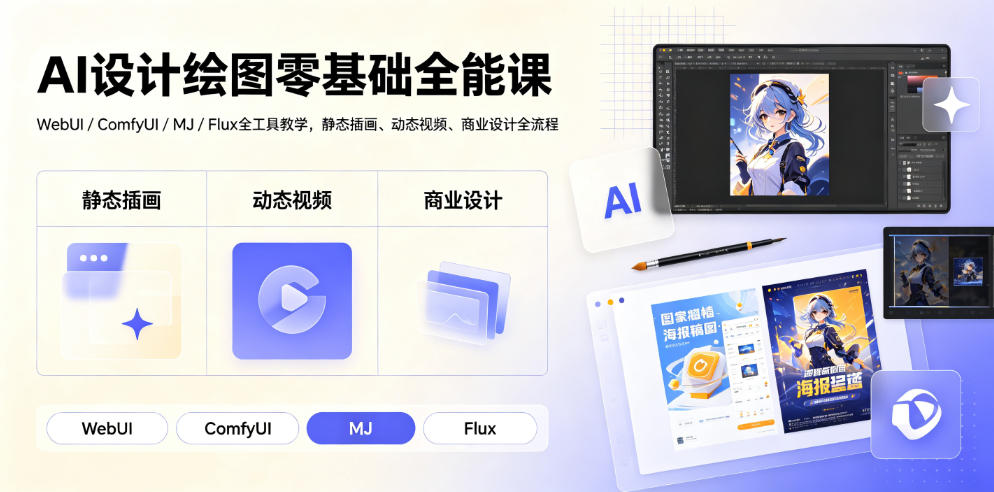 AI设计绘图零基础全能课|WebUI/ComfyUI/MJ/Flux全工具教学,静态插画、动态视频、商业设计全流程