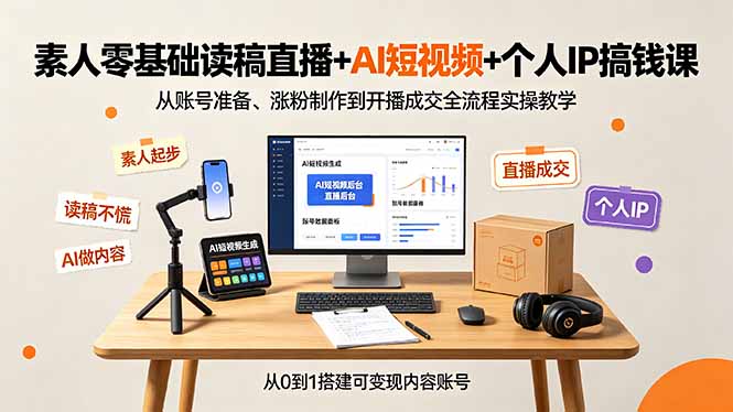 素人零基础读稿直播+AI短视频+个人IP搞钱课，从账号准备、涨粉制作到开播成交全流程实操教学-爱搭资源网