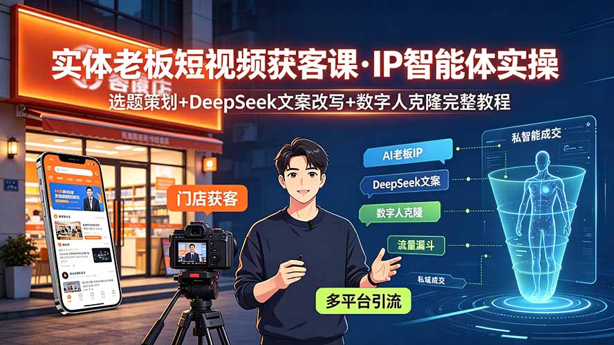 实体老板短视频获客课·IP智能体实操｜选题策划+DeepSeek文案改写+数字人克隆完整教程-爱搭资源网